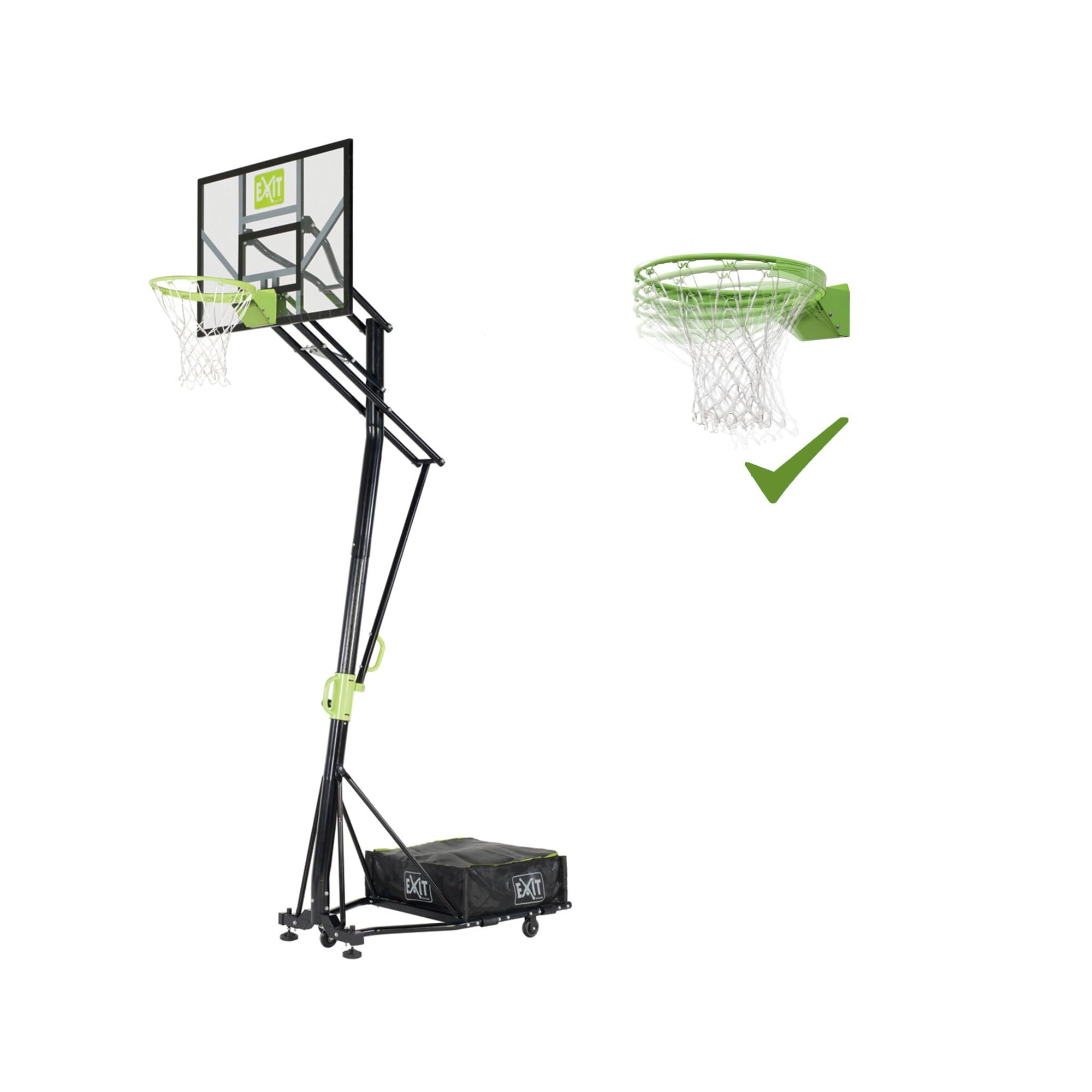 EXIT Toys Galaxy Tabellone da Basket Trasportabile su Ruote con Dunkring - Incl. Dunkring e Rete - Tabellone Regolabile in 5 Altezze - Facilmente Trasportabile - Per Bambini e Adulti - Verde/Nero