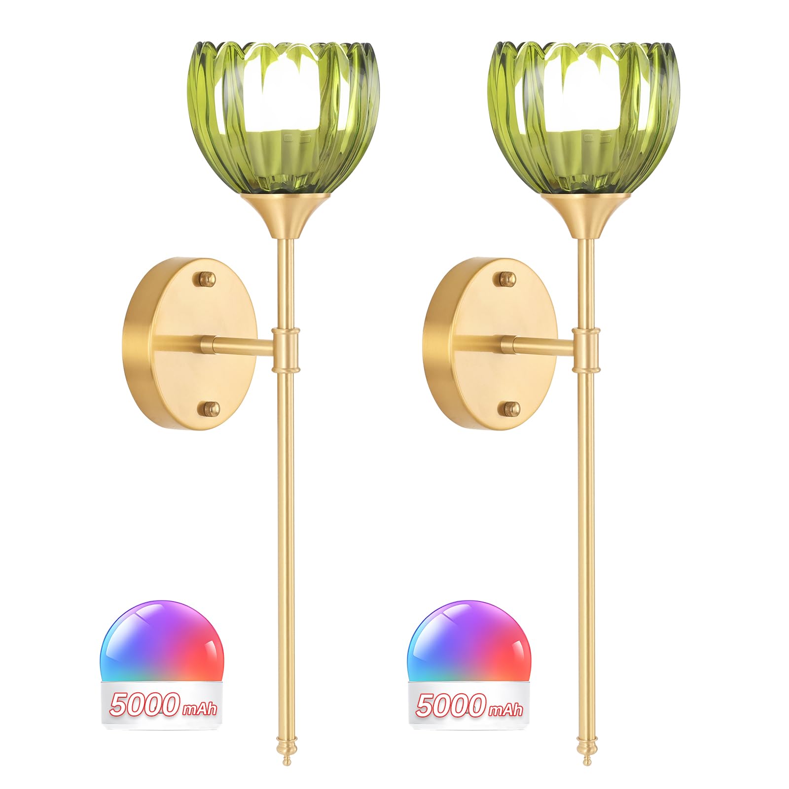 Battery Operated Wall Sconce Set of 2, Green Tulip Vintage Wall Light Fixture Rechargeable 5000mAh Battery Powered Wall Lamp with Remote for Living Room Bathroom