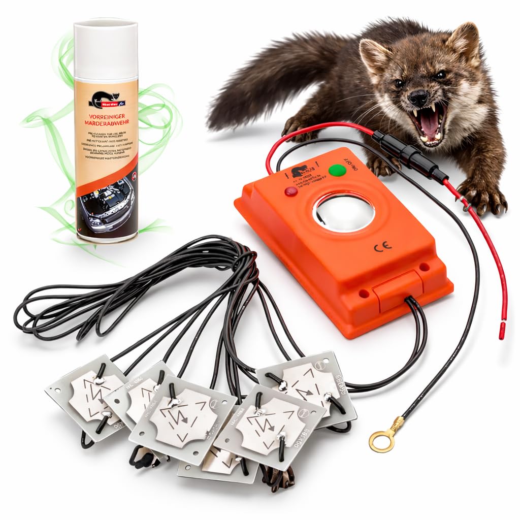 Marderabwehr komplett Set bestehend aus Hochspannungsgerät mit Ultraschall, On-Off Schalter,12V Anschluss und Duftmarkenentferner - Marderschreck, Marderschreck Auto