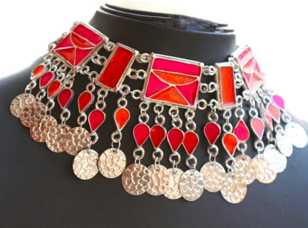 Salaam namaste Afghani Jewellery,Afghani Choker, Alpaca Silver,Glass Enamel Work