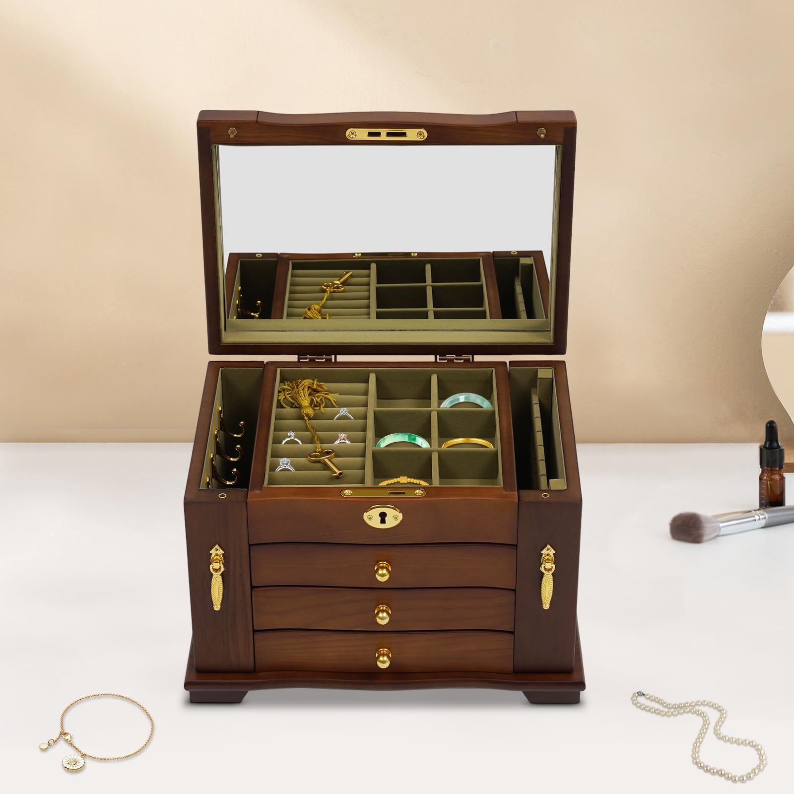 Organizer na biżuterię w stylu vintage, aksamitna szkatułka na biżuterię z drewna, z 4 szufladami i wysuwanymi szufladami, pudełko na biżuterię z lustrem i zamkiem na pierścionki, naszyjniki