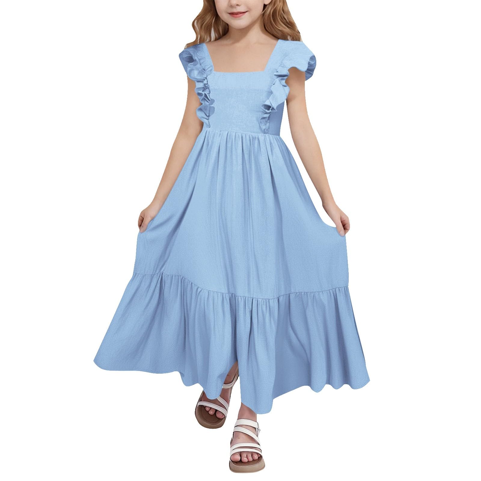 Vestido de verano para niñas, con volantes, sin mangas, casual, bohemio, para playa, vestido a la moda, para vacaciones, acampanado, vestidos de fiesta de cumpleaños