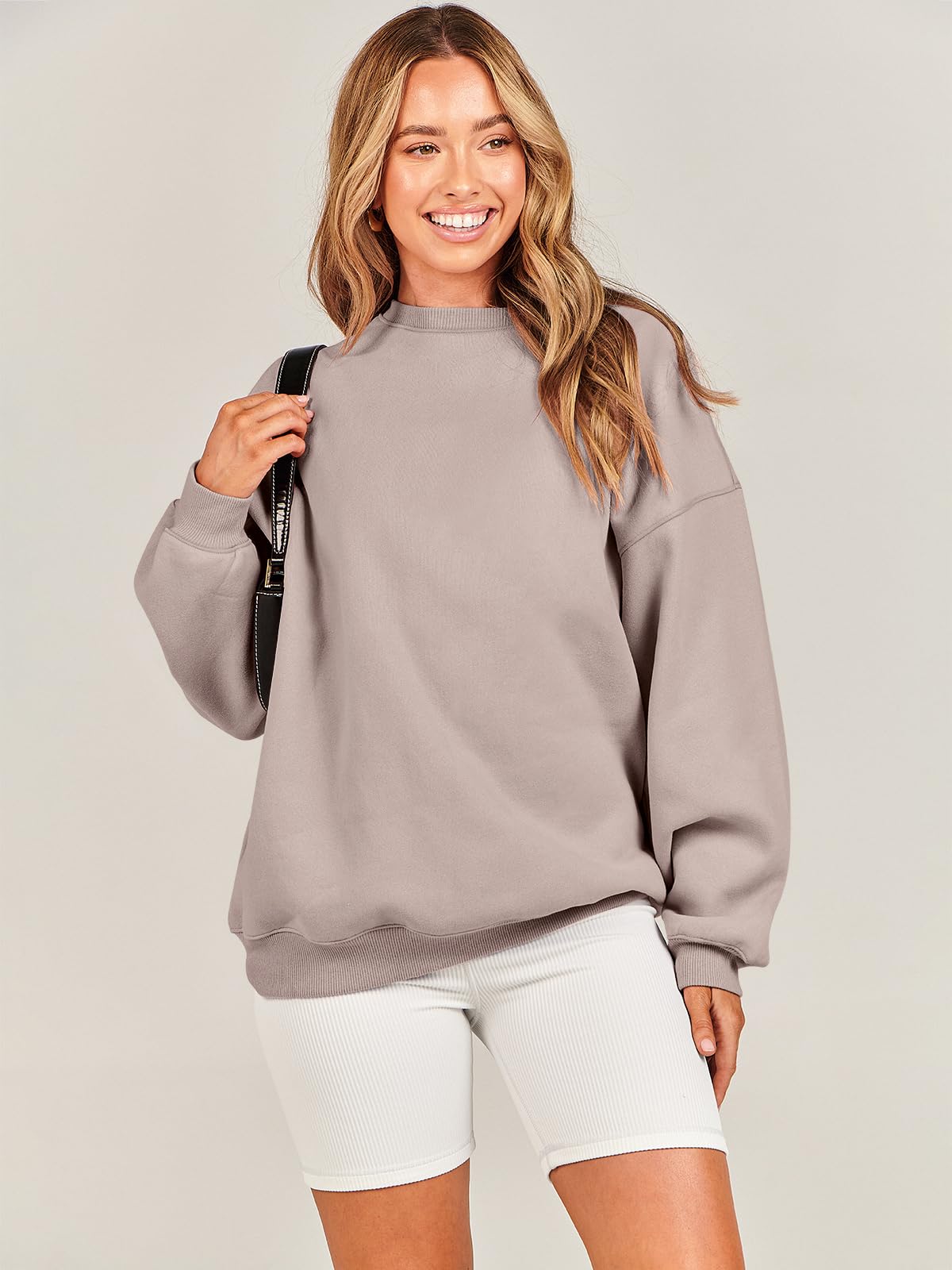 Damskie bluzy oversize bluzy z kapturem polar okrągły dekolt sweter top codzienne jesienne stroje preppy ubrania nastolatki 2024 A1019 światło, Jeden kolor, Light Khaki_XL