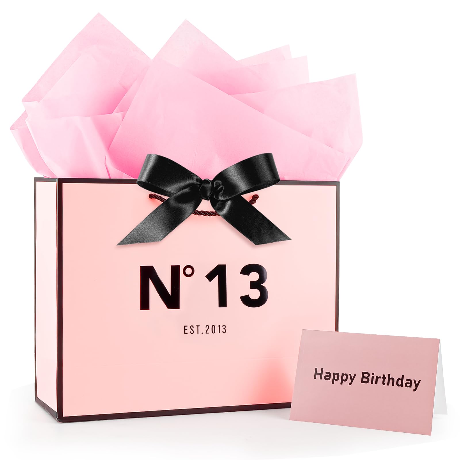 Girls Pink 13th Birthday Gift Bag 13" with Card Bow Ribbon and Tissue Papers for Celebrating Girls 2013 Born Birthday Anniversary Present Paper Bags for Gifts Wrapping(EST.2013 13th)