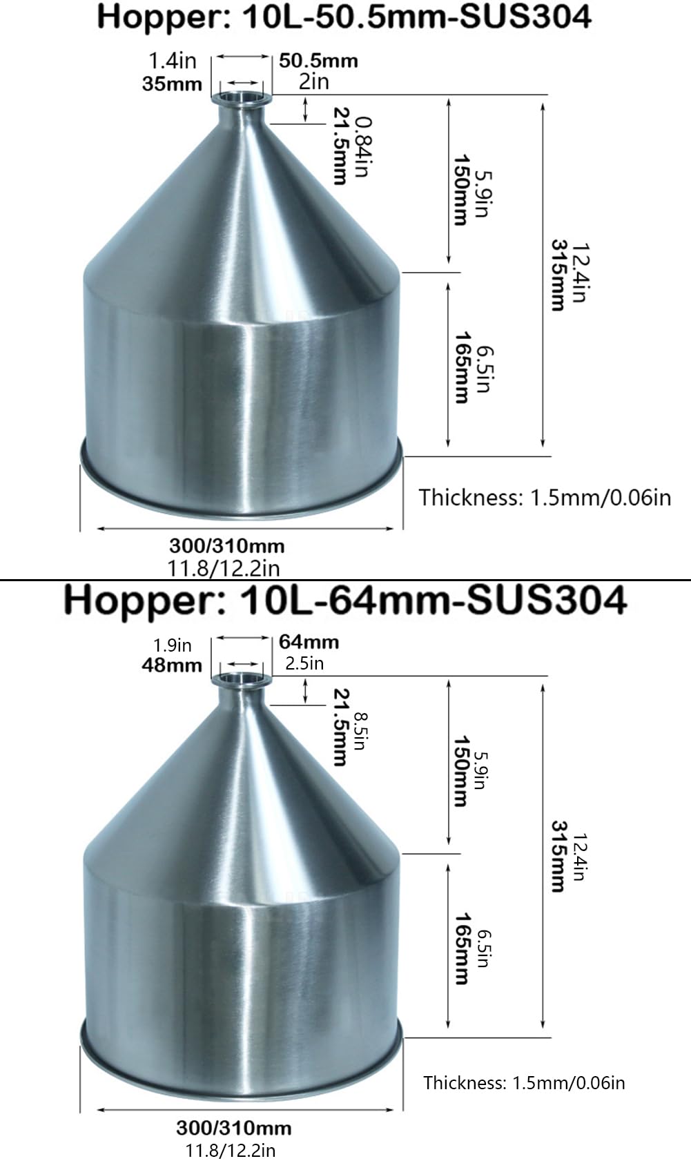 10L/2.2 Galón Máquina De Llenado Tolva, Acero Inoxidable 304 Líquido Pasta Tolva De Llenado Embudo De Servicio Pesado Para Agua Aceite Crema Recipiente De Llenado, Plata, 64mm