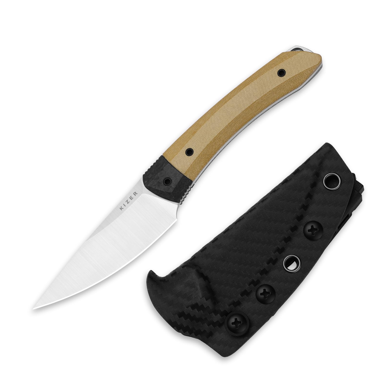 Kizer Momo Fix 3 Fixed Blade Knife, 3.2" S35VN Blade, Kiridashi EDC Knife with Carbon Fiber & Brown Norplex UltreX Micarta Handle for Camping Knives with Carbon Fiber Texture Kydex Sheath 1124A2
