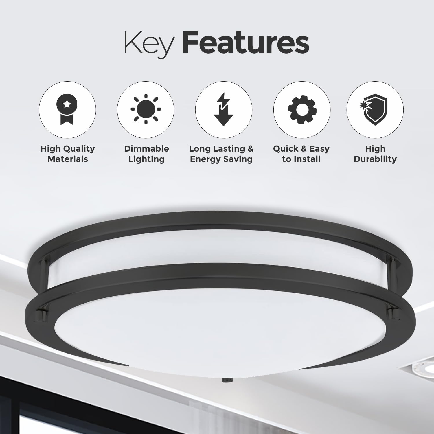 Diodesy- 16 Inch Flush Mount Double Ring Ceiling Light Fixture Black Trim LED Lamp 3CCT 3000K/4000K/5000K Dimmable 24W 1800 Lumens for Hallway Kitchen Bathroom Bedroom Living Room ETL Listed