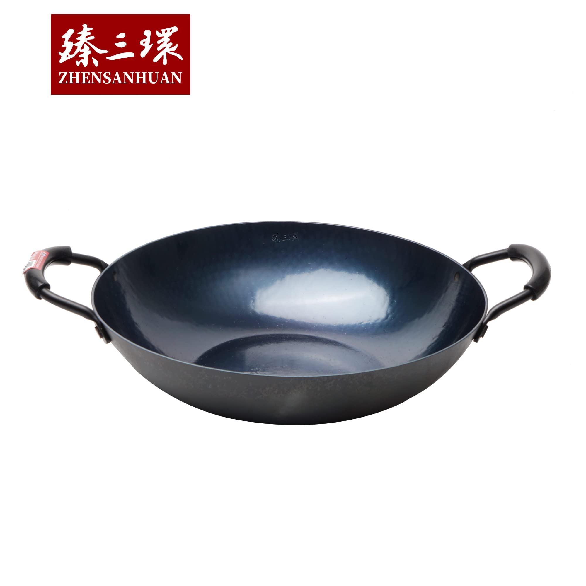 ZhenSanHuan Handgehämmerter Eisen-Wok mit flachem Boden, induktionsgeeignet, 32 cm im Durchmesser, Eisen-Wok mit zwei Haltegriffen aus Holz