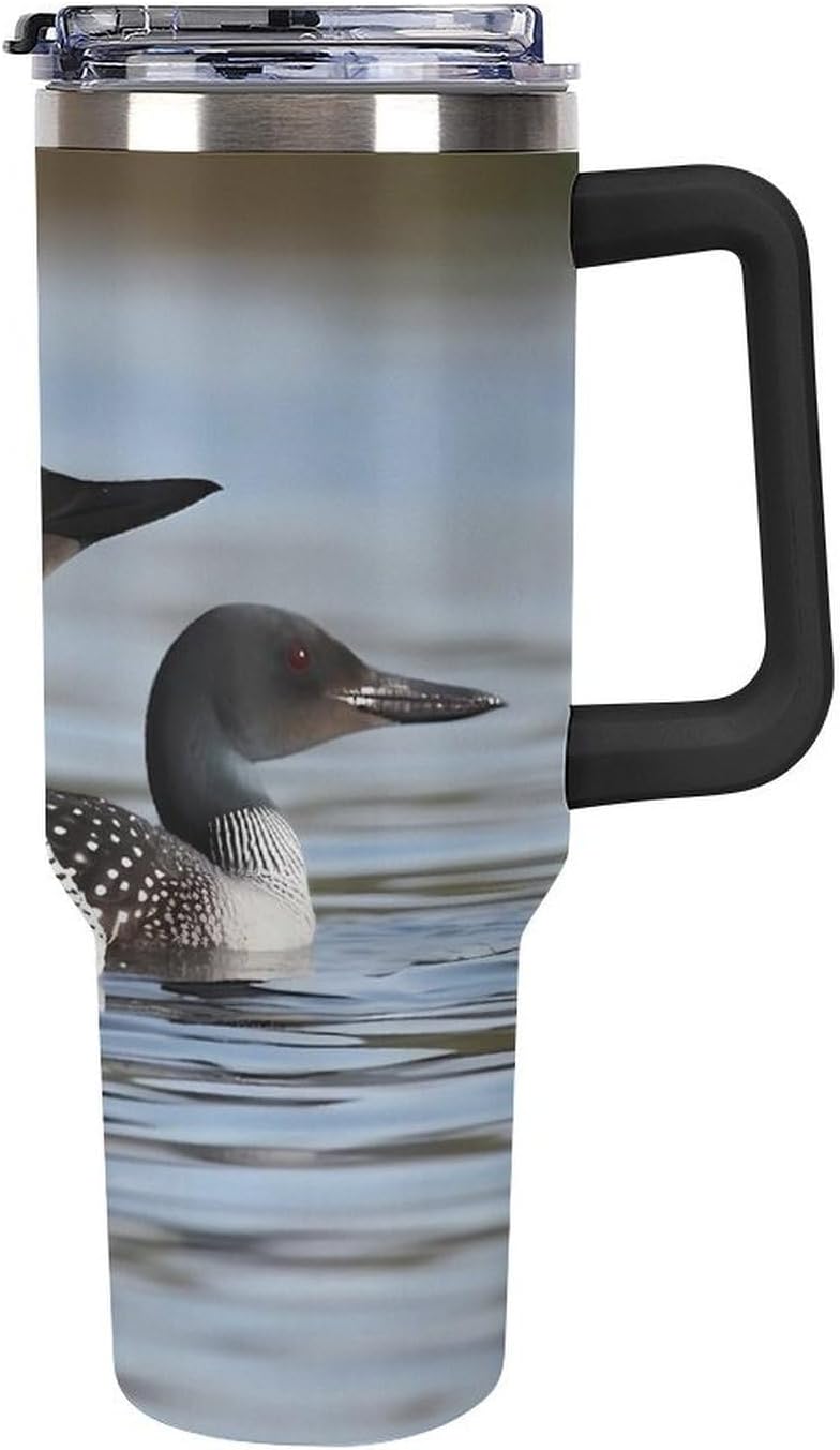40 Oz Stainless Steel Loon Birds Tumbler with Handle Leakproof Vacuum Insulated Travel Mug for Hot & Cold Drinks Sport Water Bottle Cup Ideal for Commuting Gym Outdoor Adventures