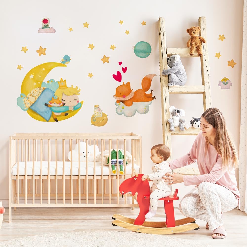 kina - Adesivo Murale Bambini Decorazione Parete Cameretta R00571 - Eco-Tessuto, Ecologico Anallergico, Riposizionabile, Effetto Carezza, Asilo Nido - Grafica Piccolo Principe e Misura 90x30 cm