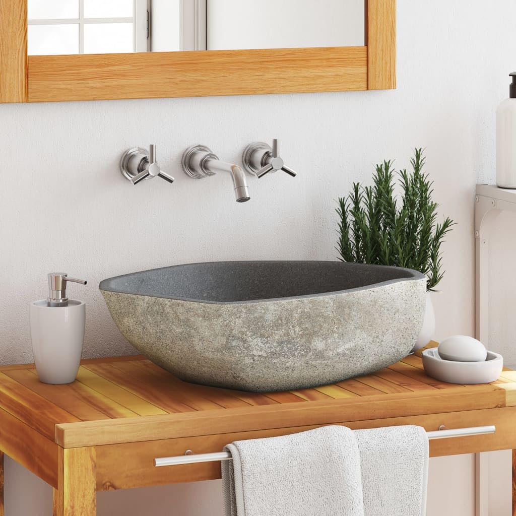 HOMOZY Lavabo de Forme Ovale Pierre Naturelle de Rivière Évier Pratique Décoration de Salle de Bains pour Toute Salle D'eau ou Toilette Design Moderne et Élégant (46-52) x(35-40) x15 cm