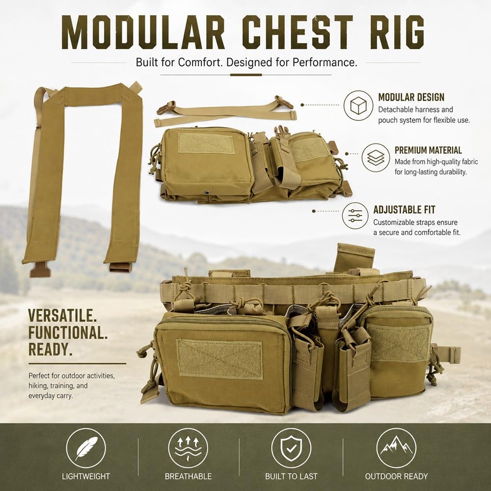 Chaleco Táctico Chest Rig Con Sistema MOLLE,Bolsa Pecho Ajustable Porta Multifunción Ideal Para Airsoft Caza Tiro Deportivo Senderismo Pesca Entrenamiento Outdoor