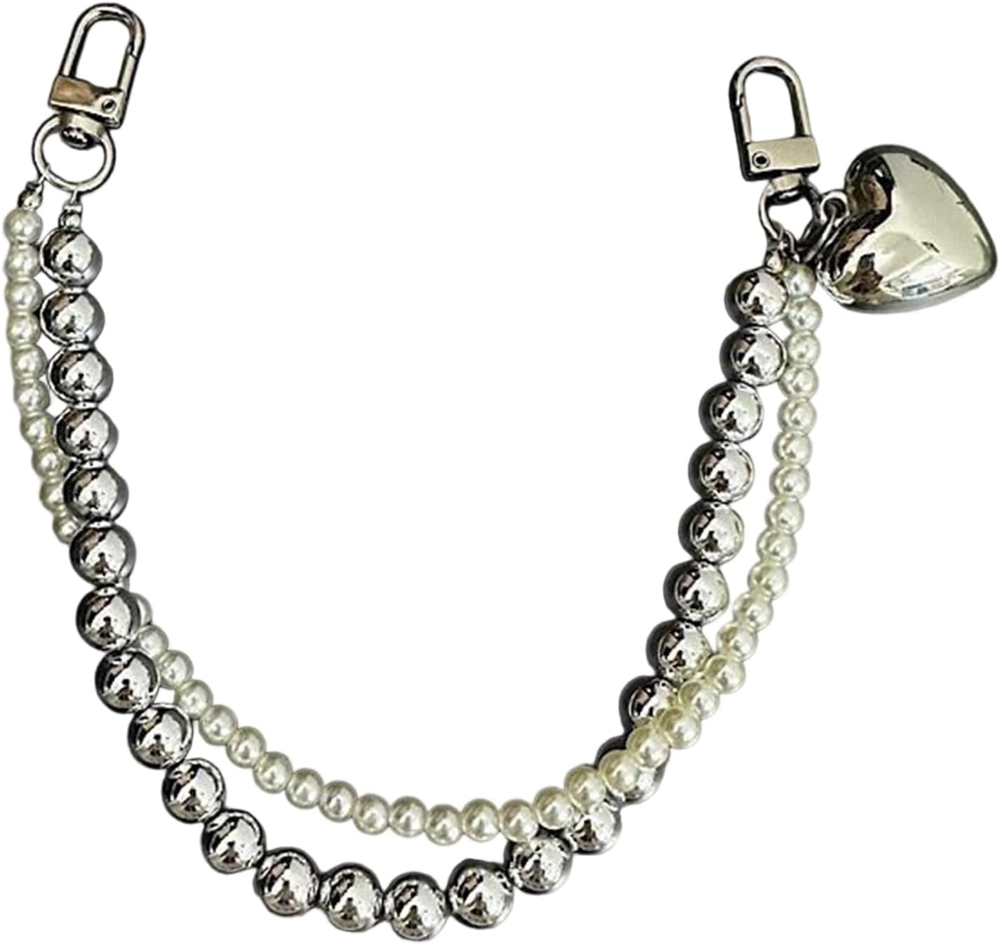 Double Thread Silver Sphere Cellphone Cord with Heart Charm Permanent Polystyrene Keychain for Everyday Use Silver Sphere Heart Phone Cord