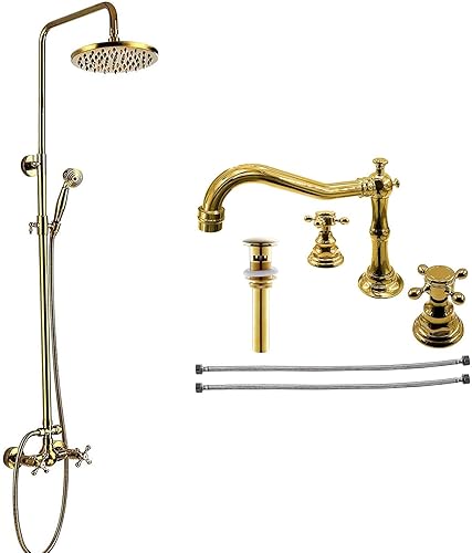 Accesorio de ducha de 8 pulgadas, cabezal de ducha de lluvia con pulido en aerosol de mano dorado de doble perilla, mezclador de baño, juego