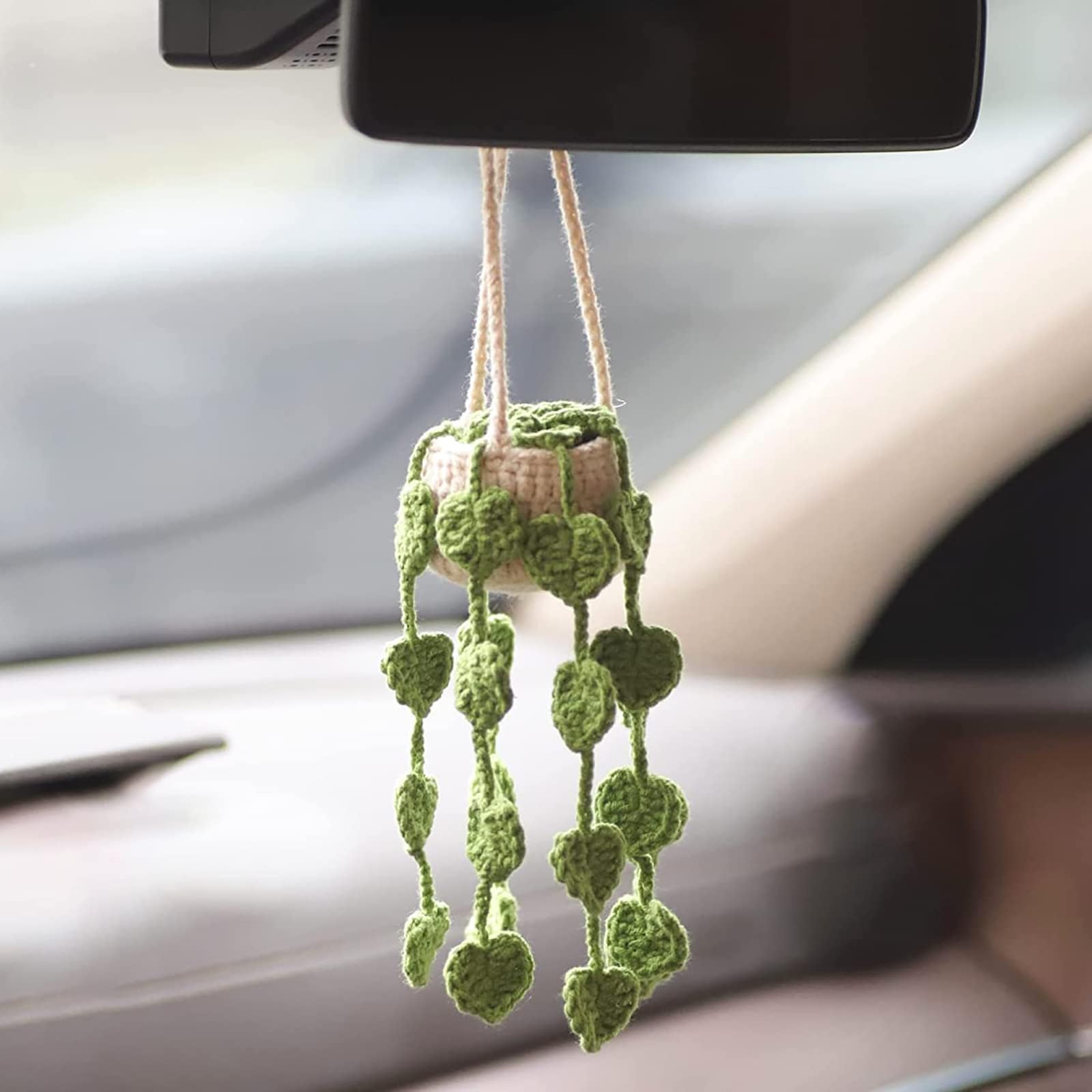 Cute Crochet Plant for Rear View Mirror, Boho Handmade Car Mirror Hanging Accessory for Women & Girls, Green Interior Aesthetic Decor Truck Hanger Ornament Charm