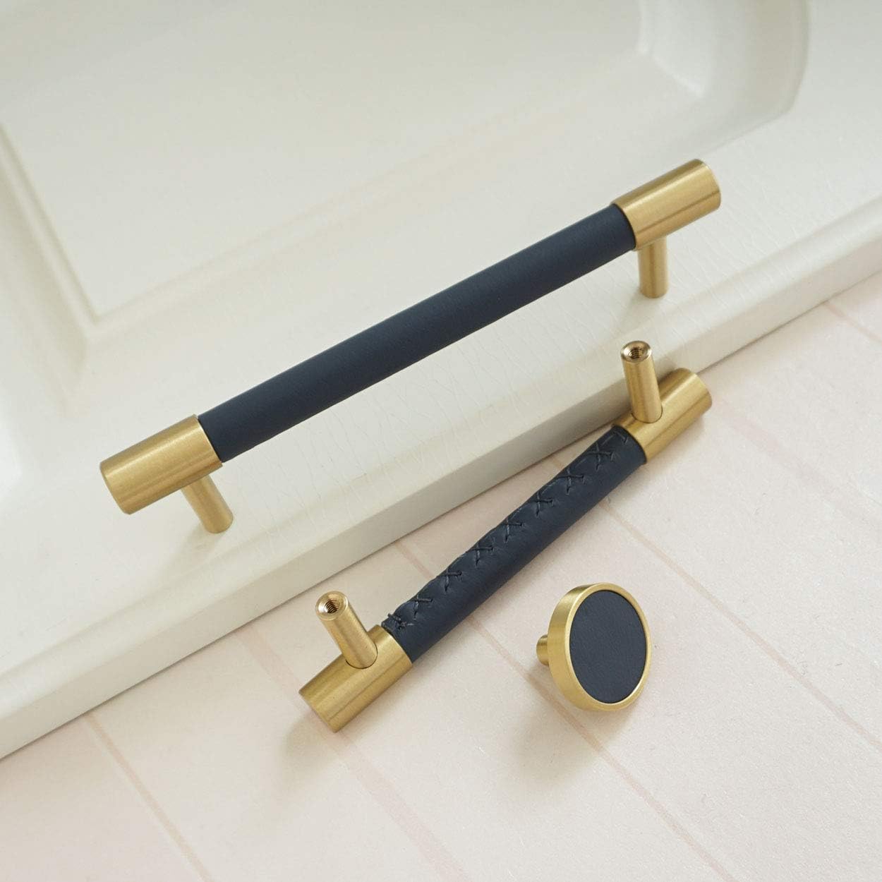 LBFEEL 3.78" 5" Modern Dark Blue Leather Pull Handle Brass Drawer Pull Handle Kitchen Cabinet Door Knob Cupboard Hardware 96 128mm (Knob)