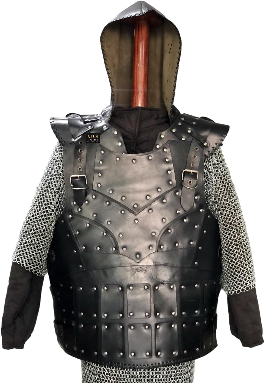 NauticalMart Medieval Leather Breastplate with Hood Viking Chest Armour Cosplay & LARP Halloween Wearable Costume Men's Knight Armor (Black)