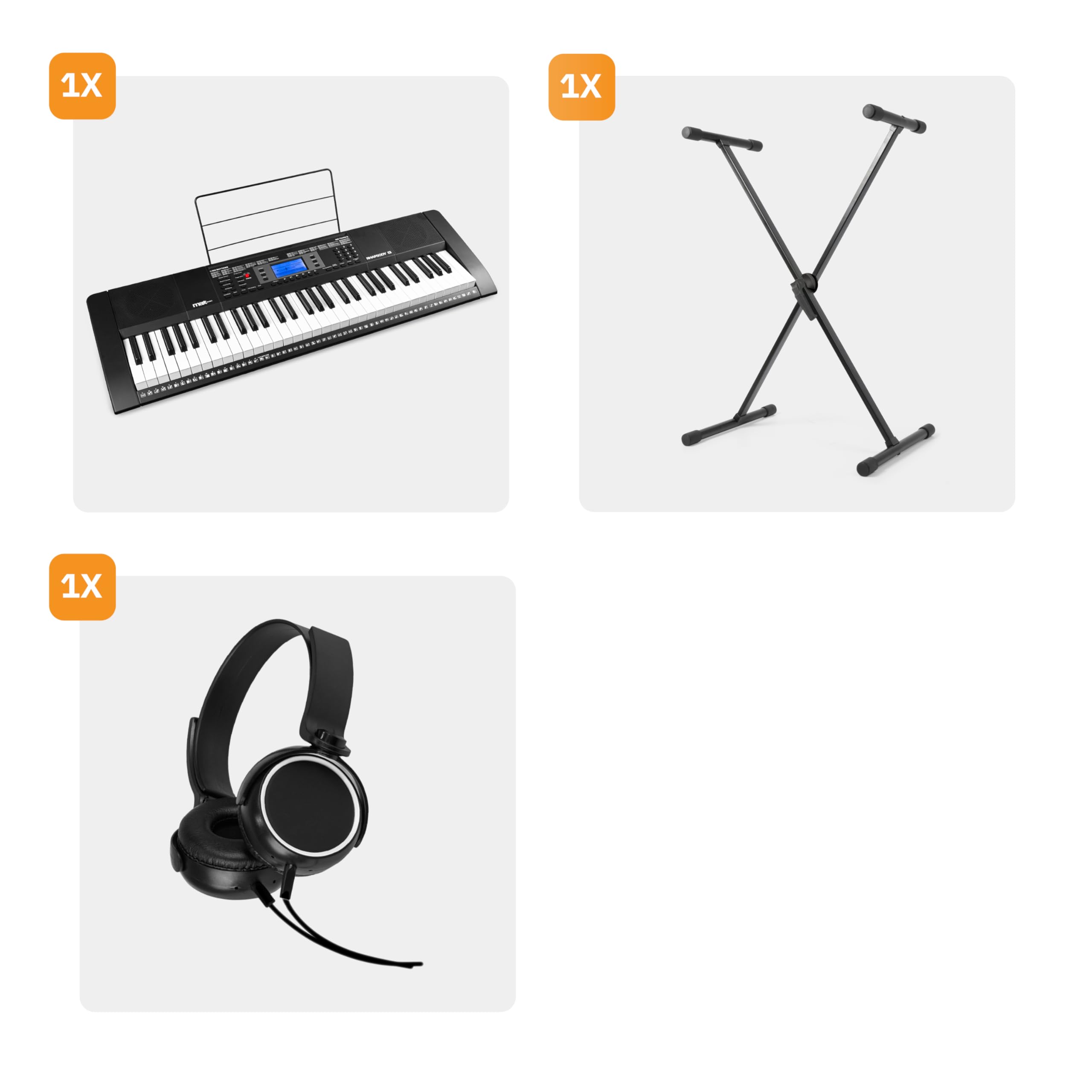 MAX Rhapsody61 - Piano eléctrico de 61 teclas para principiantes con función de aprendizaje, 300 sonidos, altavoces integrados, pantalla LCD, 50 canciones de demo, auriculares y soporte de teclado