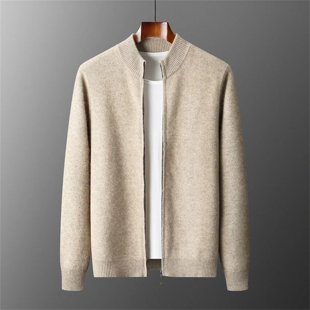 Mens 100 Percent Merino Wool Mock Collar Zip Cardigan Long Sleeve Knitted Fall Winter Sweater