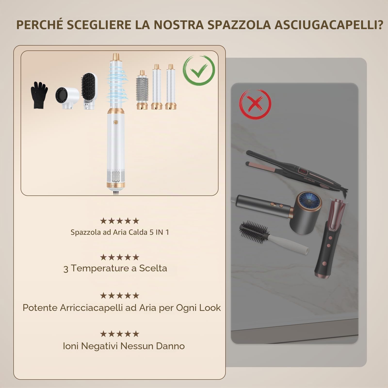 Set di styler per capelli 5 in 1, con asciugacapelli, 5 in 1, con spazzola rotonda, per capelli ad aria calda, asciugacapelli, ferro arricciacapelli, spazzola termica ad aria, per lisciare, asciugare