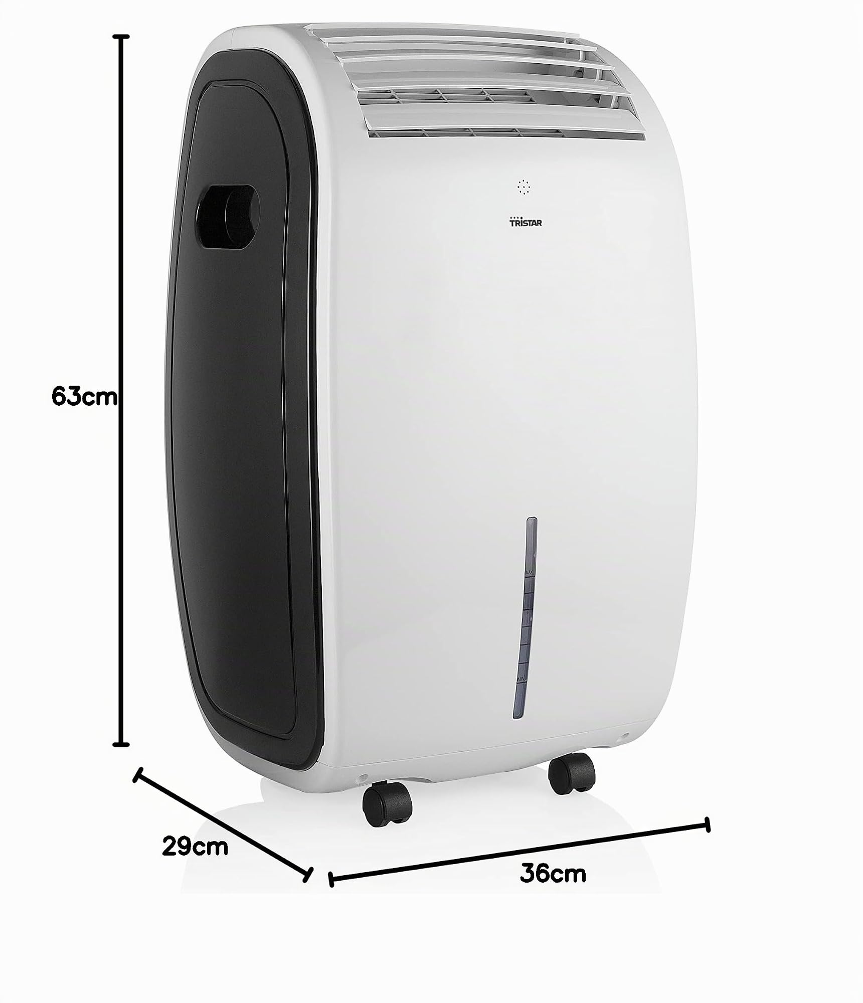 Tristar AT-5468 Climatizador portátil 2 en 1 oscilante, depósito de agua 8 L, temporizador, 3 velocidades, 2 recipientes incluidos, 3,17 m³/min, función ventilador, mando a distancia, 45 W