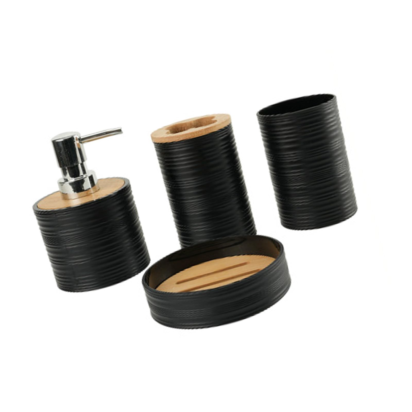 Wave-Patterned Bathroom Containers 4PCS with Natural Cane Plant Lids Polymer Toothbrush Cup Soap Countertop Set Bathroom Organizers with Lid