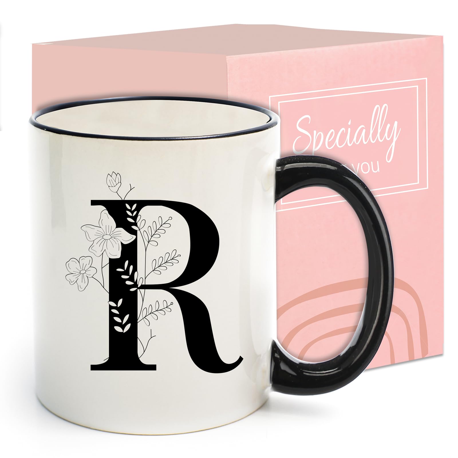 Monogram Ceramic Coffee Mugs, 11 oz Initial Drinking Cup with Gift Box, Unique Birthday Christmas Gifts for Women Wife Mothers Day Grandma Mom Aunt, R