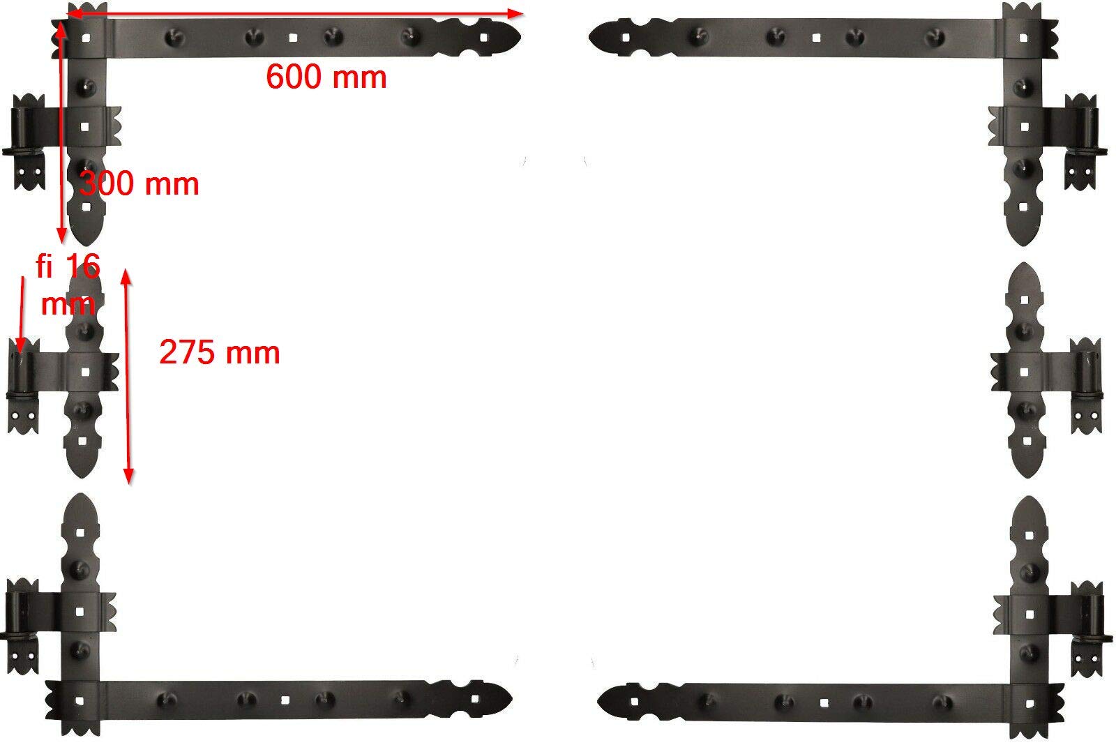 KOTARBAU® 4 Bisagras angulares + 2 centrales, Herraje para contraventanas, puertas y portones, Bisagras en L decorativas 600 x 300 mm, Bisagras para contraventanas de madera, Pernios con goznes, Negro