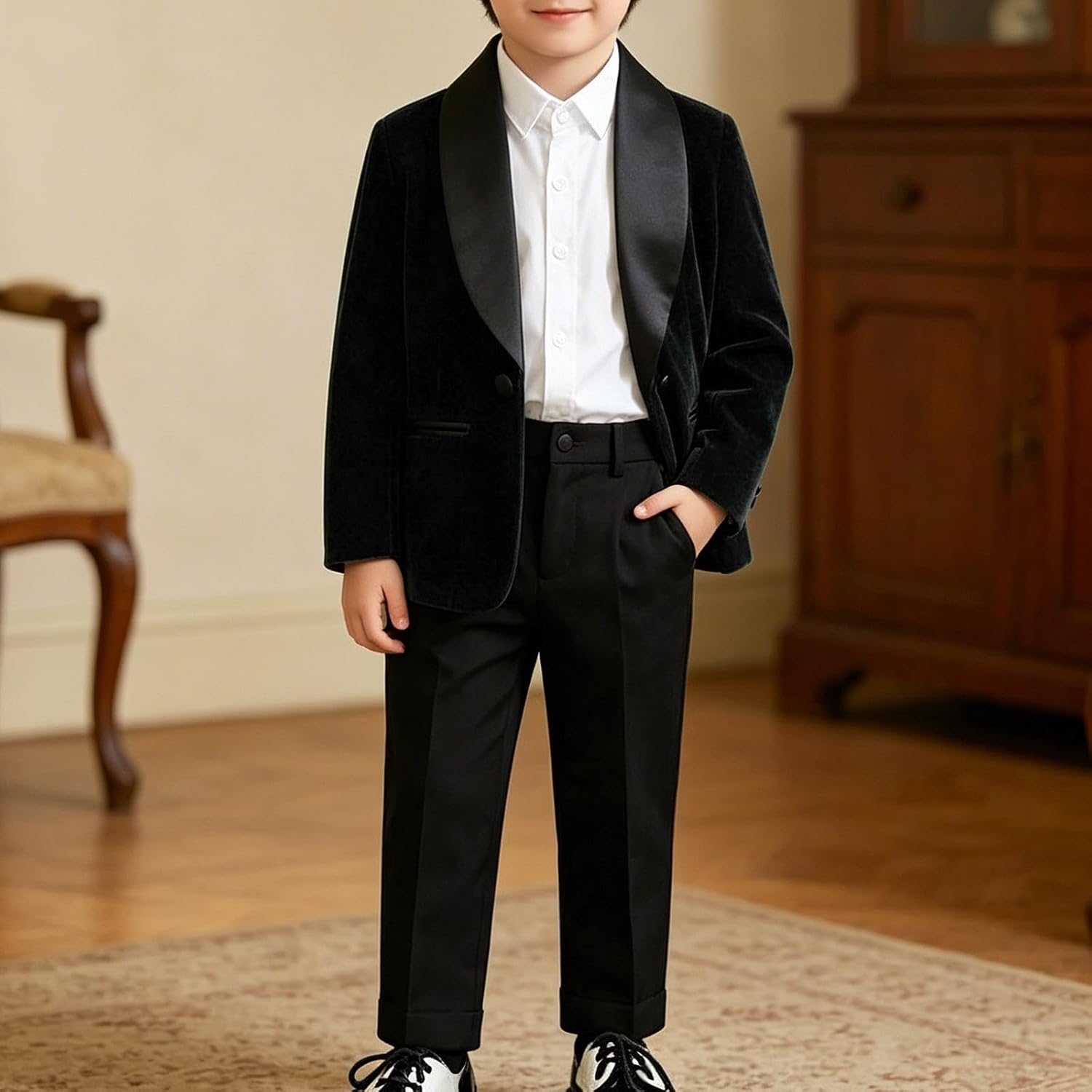 Boys Velvet Slim Fit Tuxedo Suit Set,Satin Lapel Blazer | Wedding page boy party formal wear | Soft tailored comfy fit