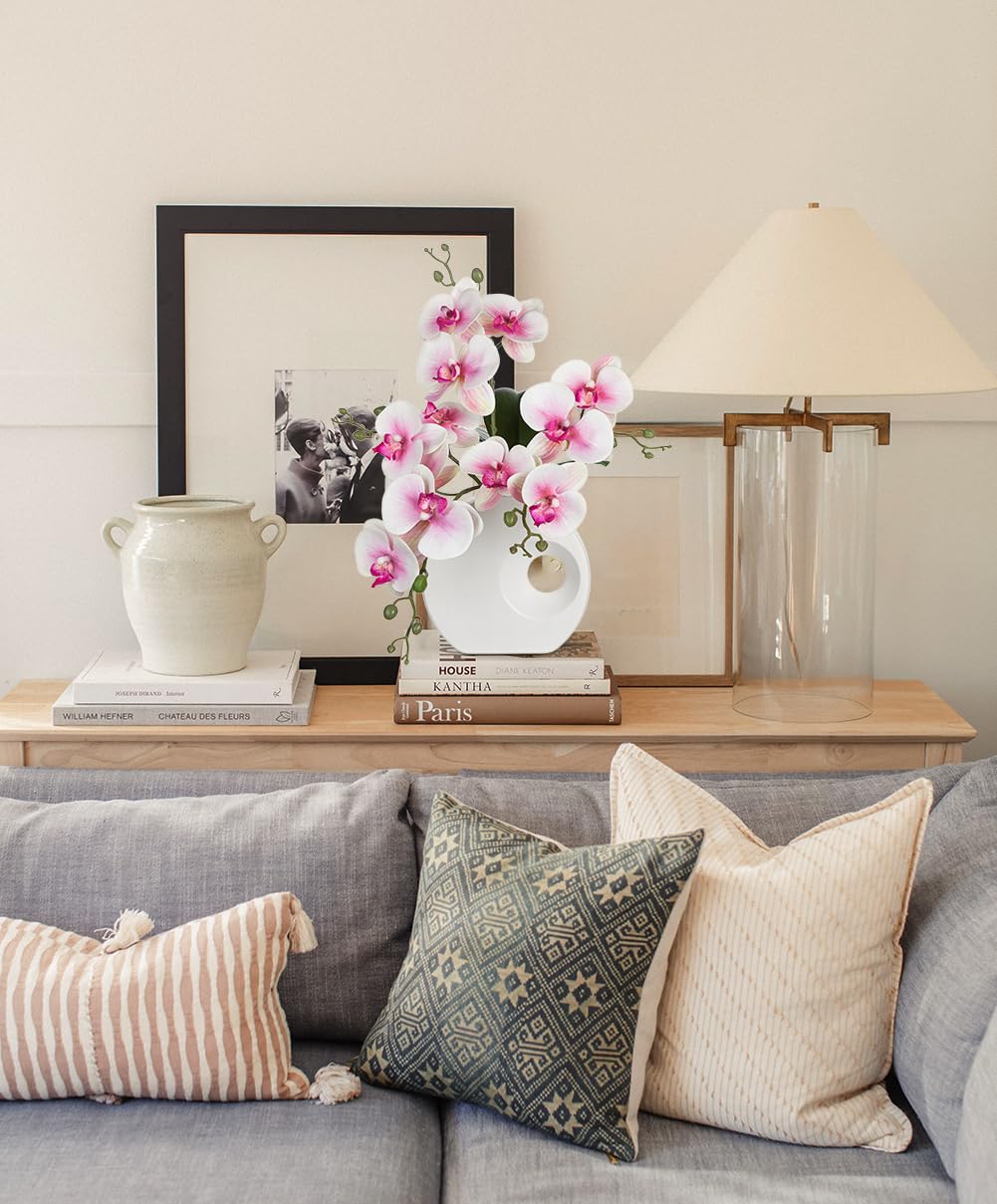 Kunstpflanze Orchideen mit Keramik Donut Vase Künstliche Blume Phalaenopsis Kunstblumen Wie Echt Mit Real-Touch Blüten im Keramiktopf für Tischdekoration Wohnkultur Büro Hochzeitsfeier Dekoration