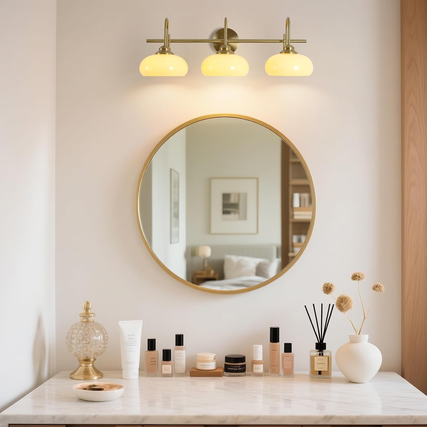 KCO Lighting Brushed Gold Gooseneck Sconce Mid Century Modern Bathroom Vanity Light Vintage Brass Wall Sconce 3 Light Glass Vanity Light