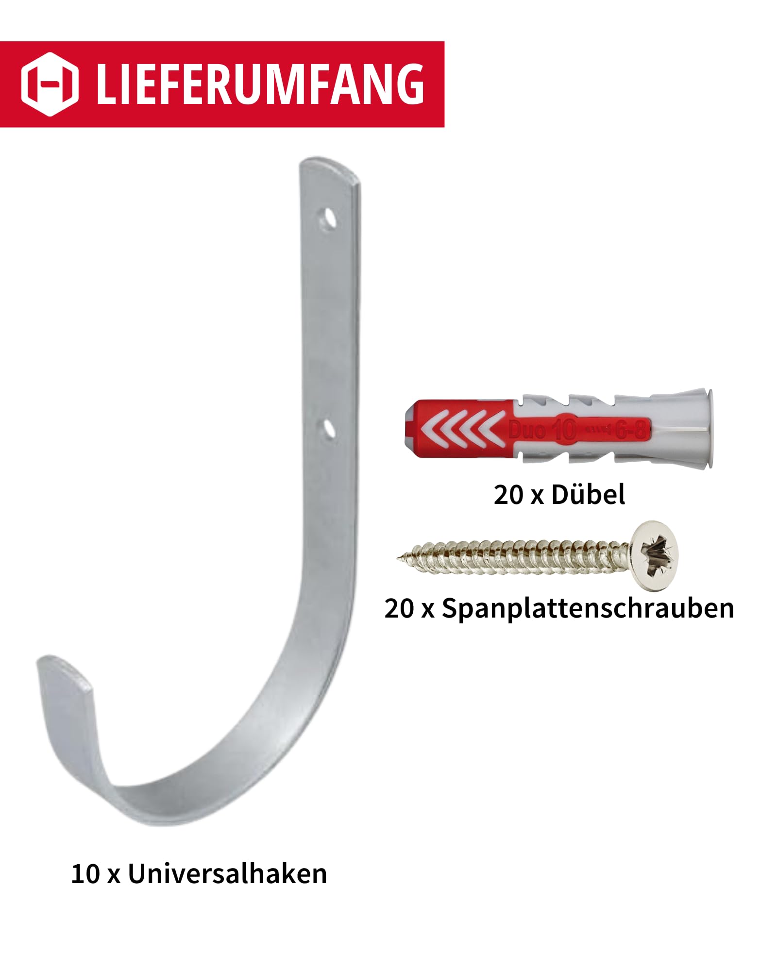 Gedotec Soporte de pared - ganchos universales de acero galvanizado | 10 ganchos de escalera doblados 180 x 100 mm | ganchos para herramientas incl. material de fijación