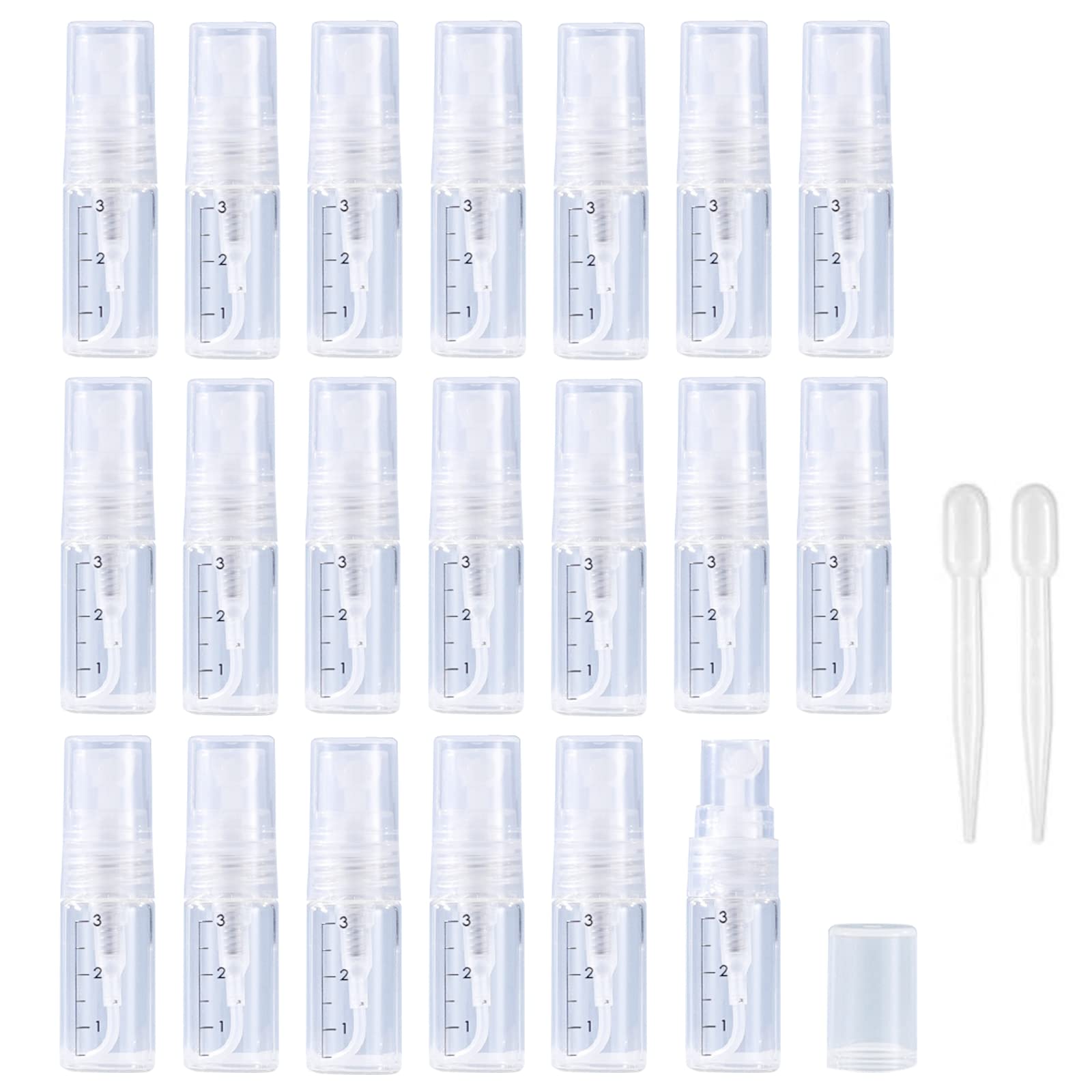Apstaqeoo 20Pcs, 3Ml Empty Glass Spray Bottles with Scale - Clear Mini Sample Perfume Atomizer Vial Travel Bottles Set with Fine Mist Sprayer & Clear Dust Cap Perfect for Fragrance, Essential Oils