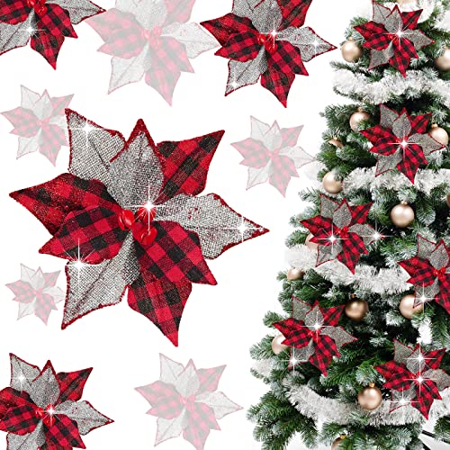 12 Pcs Artificial Christmas Poinsettia Stem Buffalo Plaid Ornaments 6.7''