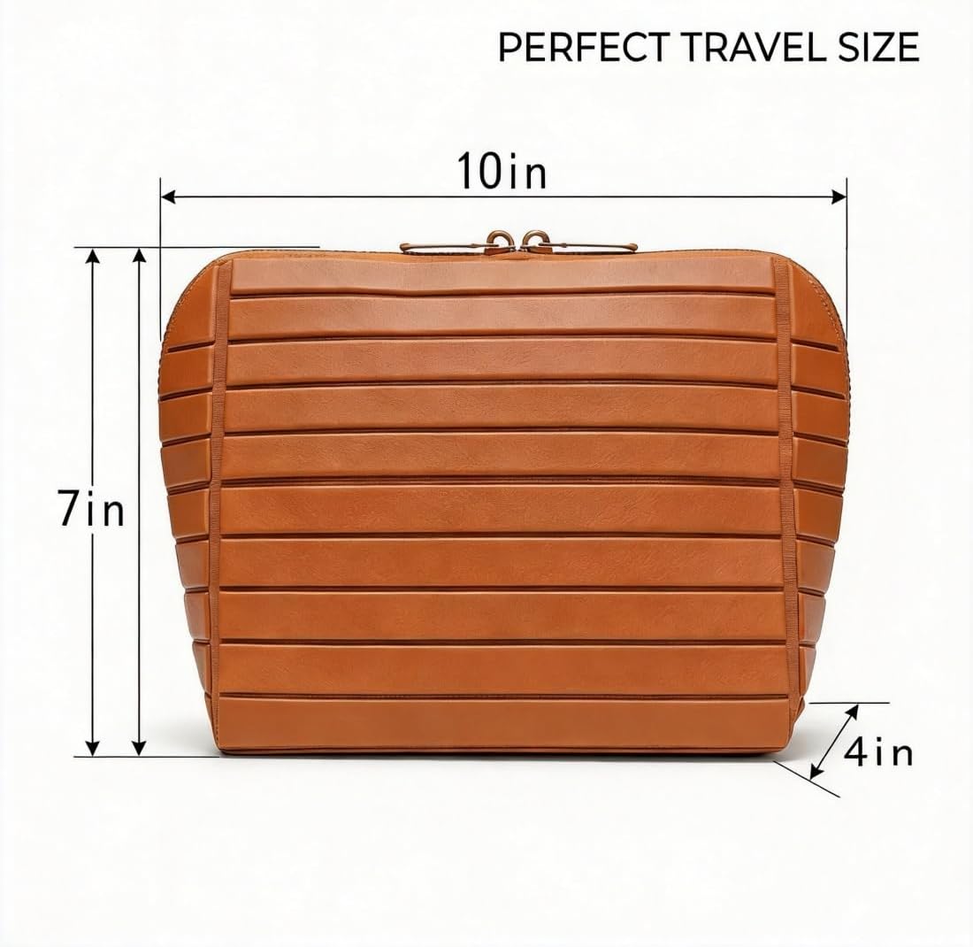 Travel Makeup Organizer Bag with Fold-Down Design, Adjustable Dividers, 27 Pockets & 3 Brush Holders, Large Capacity Cosmetic and Toiletry Organizer (Brown)
