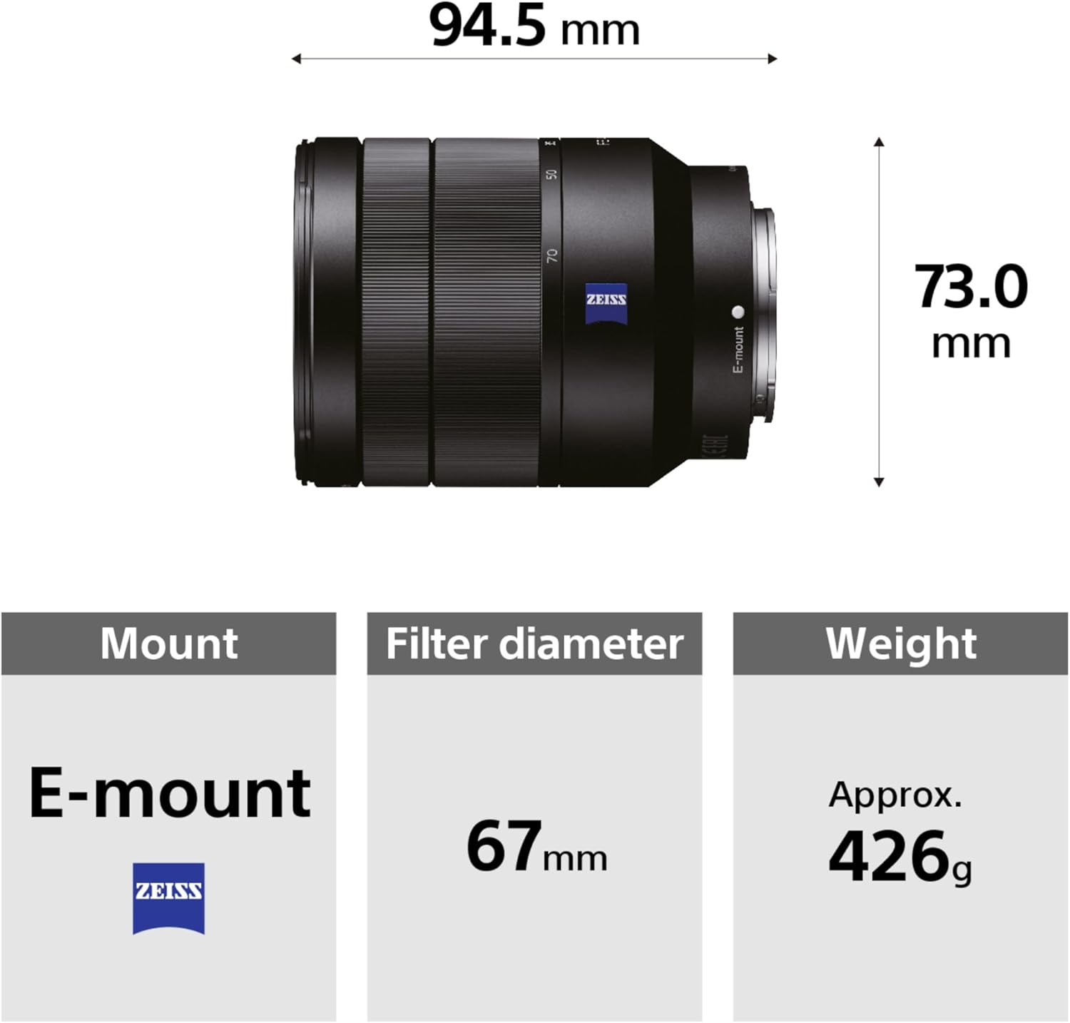 Sony SEL2470Z E Mount - Full Frame Vario T 24-70 mm F4.0 Zeiss Zoom Lens 7 61CPS+1e7QL. AC SL1500