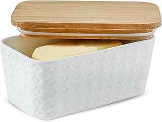 Ceramic Butter Dish with Lid,Large Butter Container with Airtight Cover for Countertop or Refrigerator,Farmhouse Butter Holder for Kitchen Gifts,Dishwasher Safe,White Embossed Pattern - Buy now