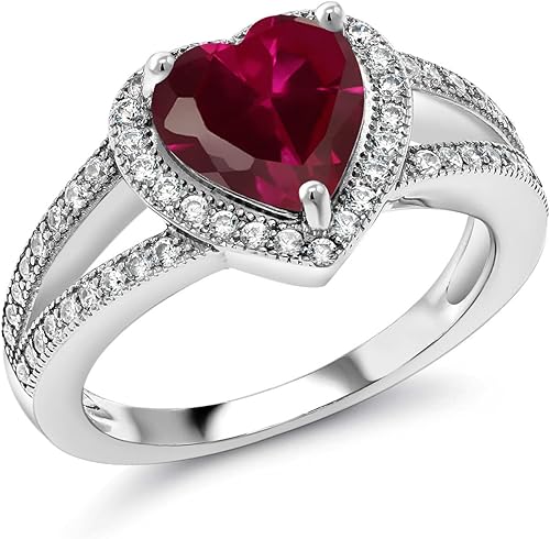 Gem Stone King Anillo de plata de ley 925 con rubí creado en rojo y moissanita para mujer 241 quilates forma de corazón de 0315in disponible en