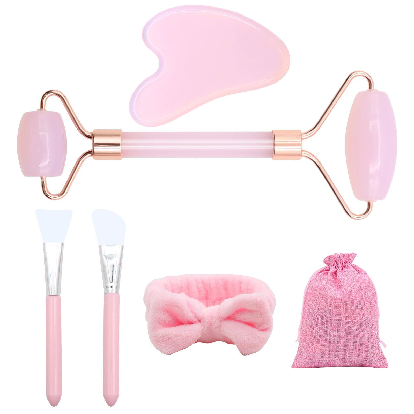 Guasha Viso Kit, Gua Sha Massaggiatore, Quarzo Rosa Skin Care Kit, Rullo di Giada per e Pietra Guasha, Lenisce i Muscoli Viso e Collo, Massaggio per Ridurre il Gonfiore