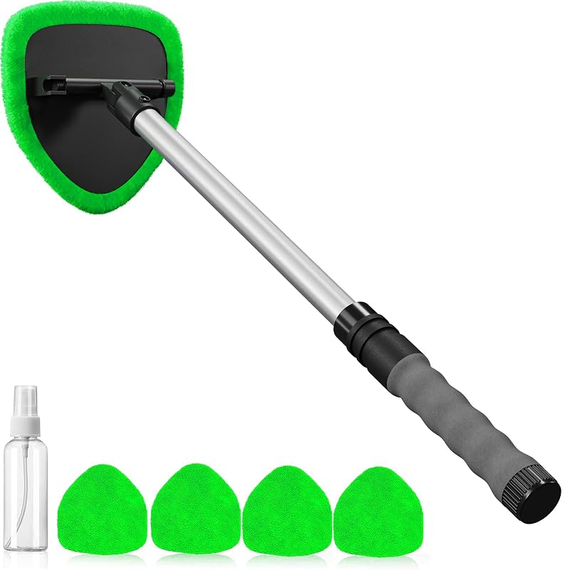 desin Limpador de Para-brisa e Vidros Automotivos com Cabo Extensível, Cabeça Giratória de 180°, 4 Panos de Microfibra, Frasco de Spray de 50 mL, Verde