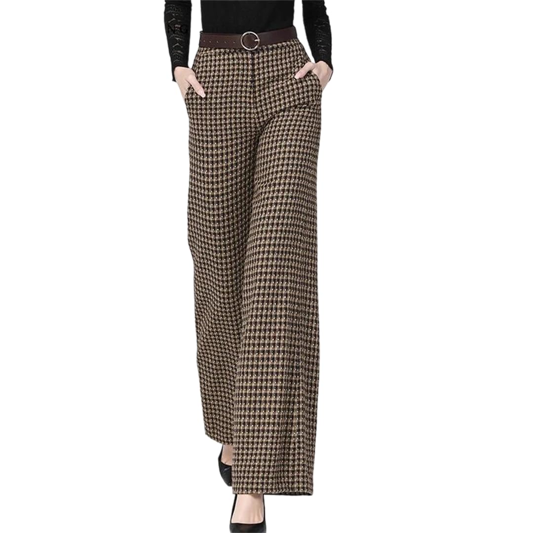 2025 Womens Straight Woolen Pants Coffee Color Plaid Long Trousers High Waist Wide Leg Pants