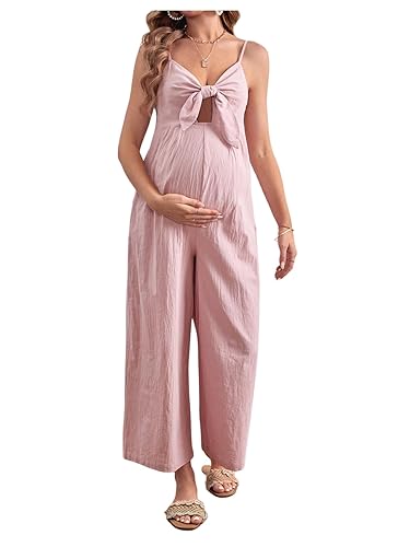 OYOANGLE Women's Maternity Tie Front Jumpsuit Spaghetti Strap Wide Leg