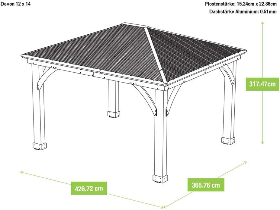 Technical drawing of the Westmann Devon Gazebo with key dimensions indicated.