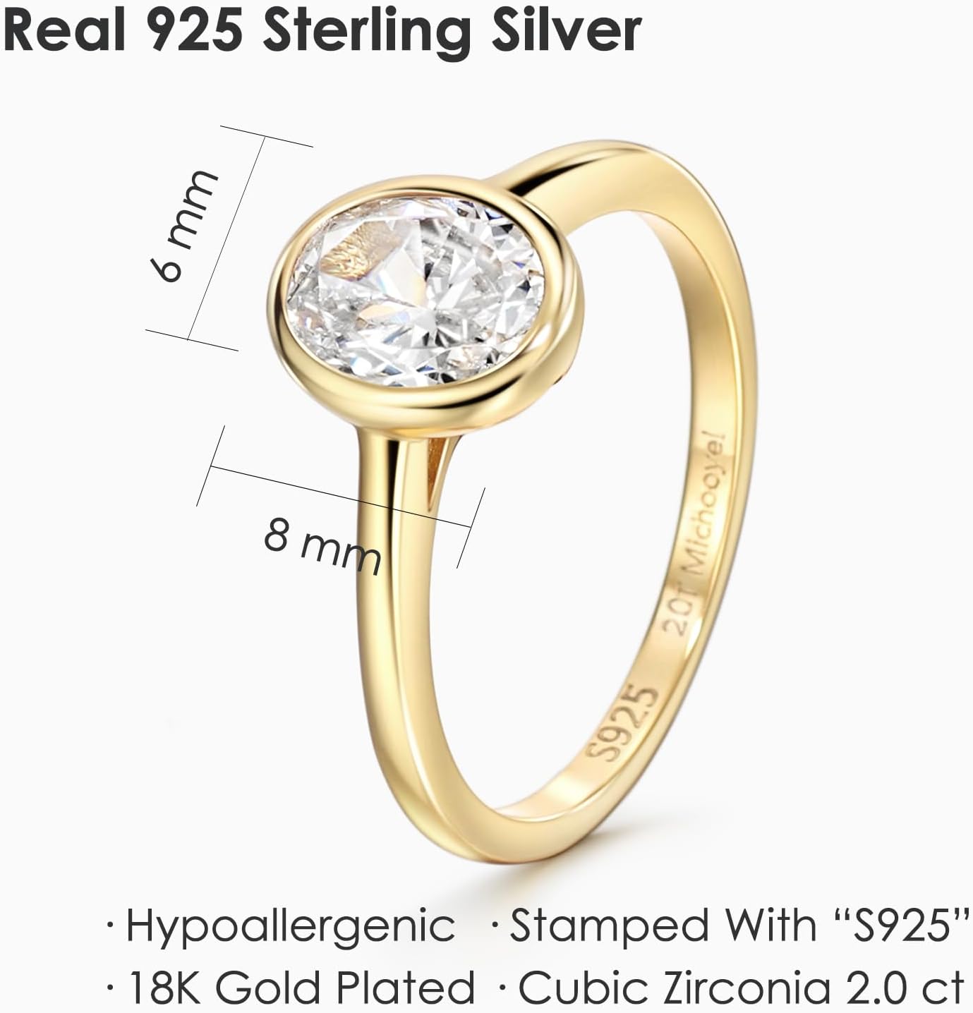 Michooyel 18K Gold Plated CZ Engagement Ring for Women, oval cut bezel style CZ Solitaire Promise Rings, D Color VVS1 Simulated Diamond 925 Sterling Silver Rings