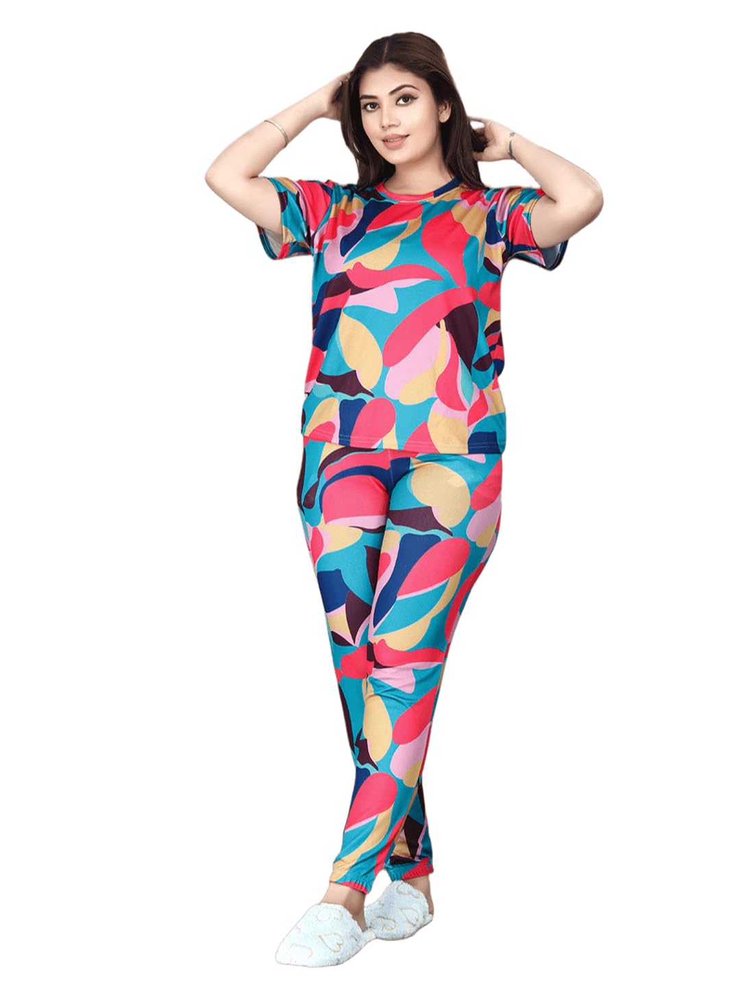 sirgo Women's Printed Night Suit Set | Half Sleeve Round Neck Top with Full Length Bottom | Soft & Comfortable Lounge Wear Co-Ord Set-picture-51