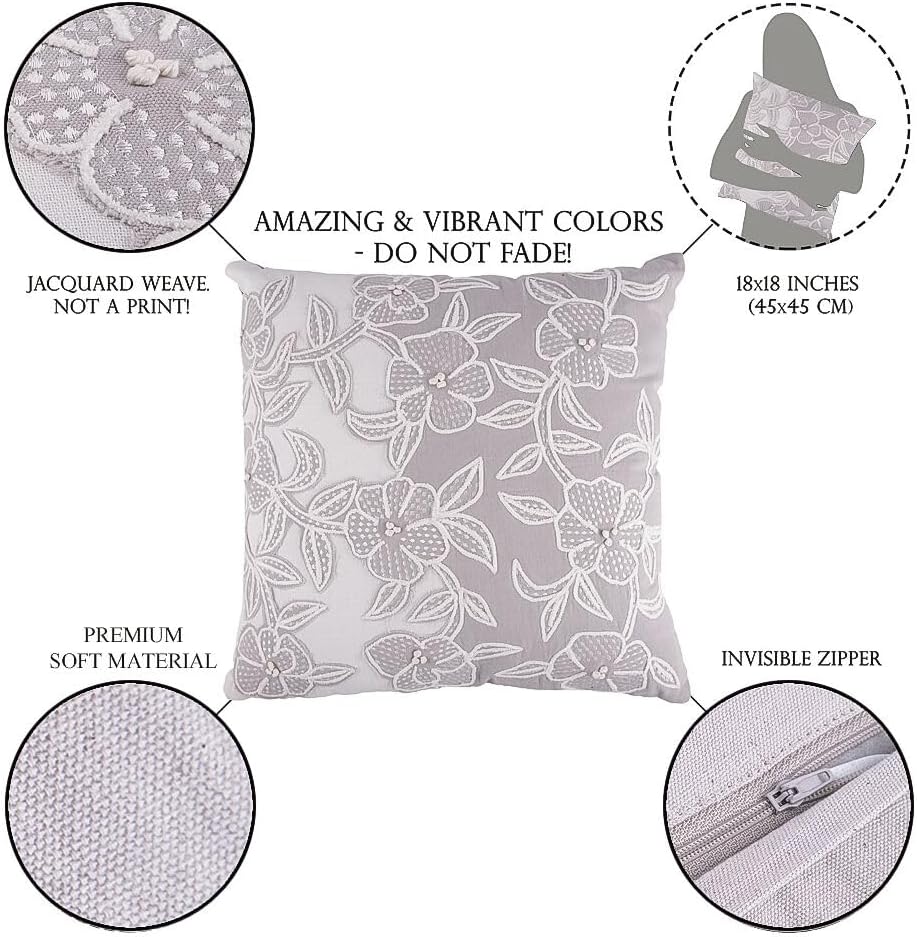 Boho Style Floral Printed Cotton Embroidered Square Decorative Pillow Decorative Throw Pillow Covers, Handmade 18x18 (Silver Flowers)