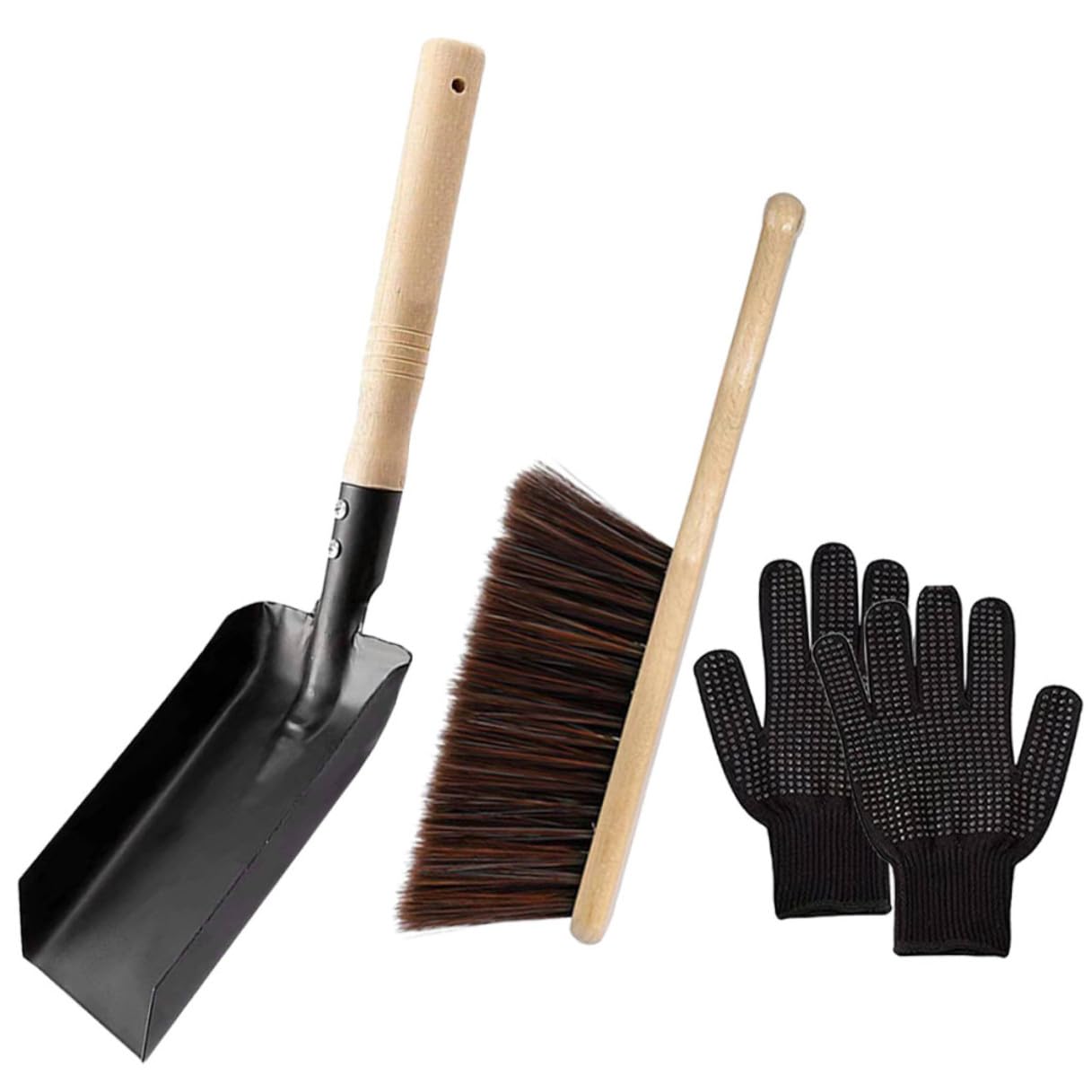 Set Attrezzi per Caminetto Paletta in Acciaio e Spazzola in Silicone, Manico in Legno, Facile da Riporre, Angoli Arrotondati, la Pulizia del Stufa Domestico