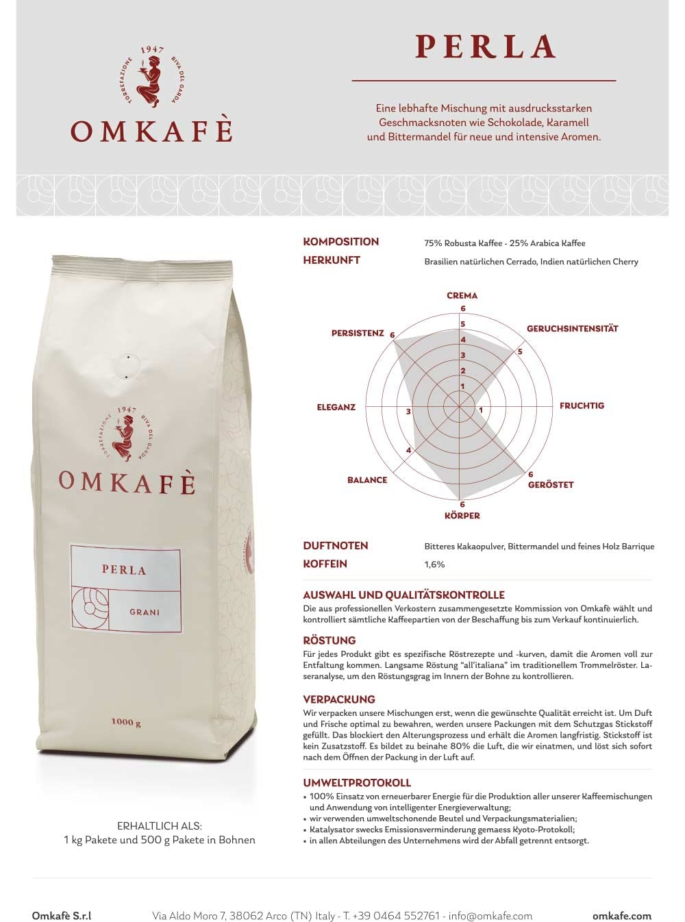 Neu Omkafe Perla Kaffeebohnen | Kaffeegenuss wie in Italien | italienische Familienrösterei, Gewicht:3x 1 KG