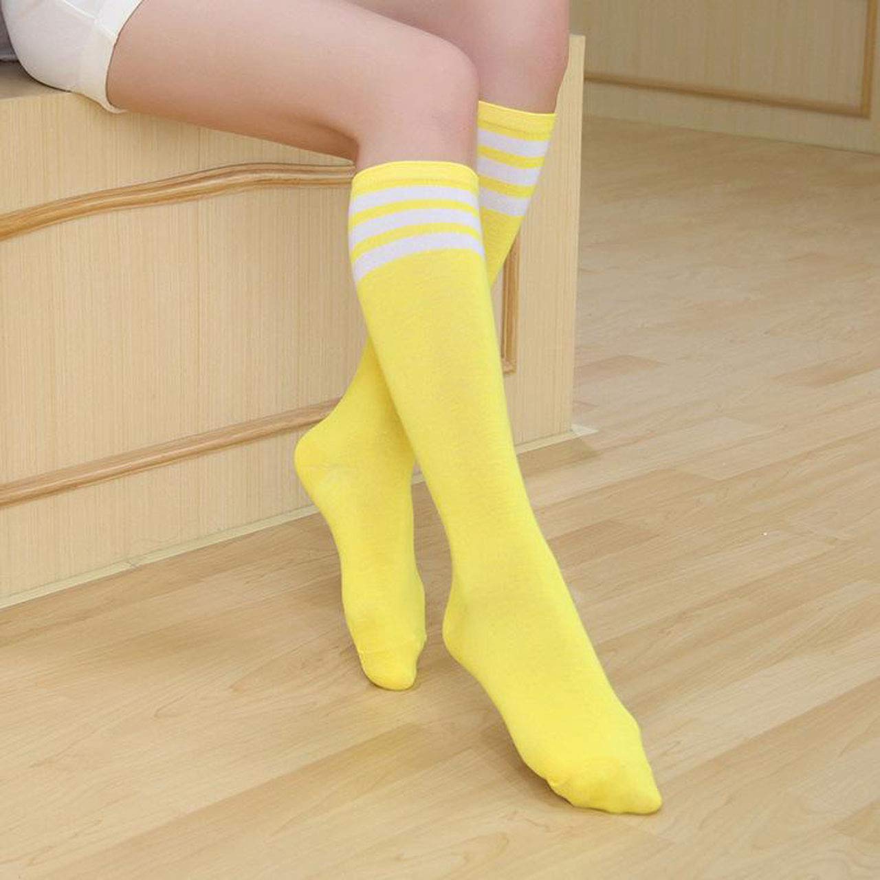 Women Knee High Socks Cotton Triple Striped Stockings Athletic for Baseball Sports Halloween Costume Christmas