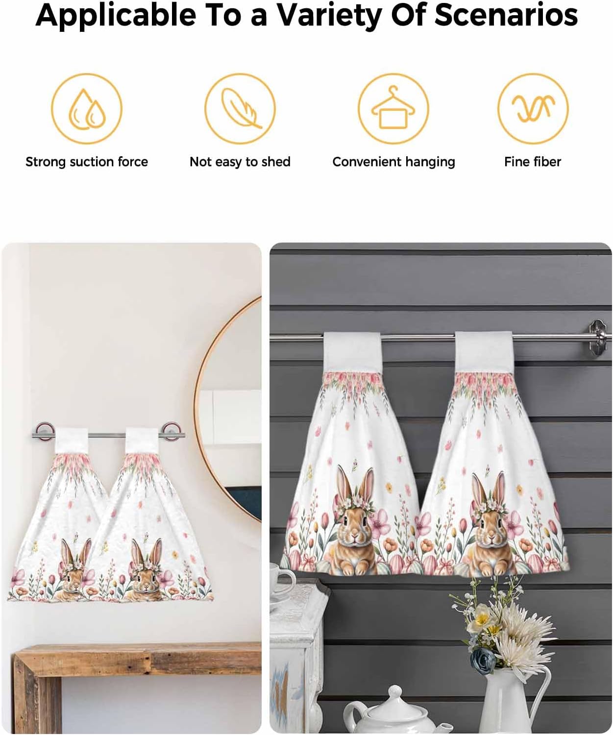 Easter Kitchen Hand Towels with Hanging Loops Set of 2 Spring Cute Rabbit Eggs Botanical Flowers Rose Soft Thick Oven Fingertip Dry Microfiber Tie Dish Towel Absorbent Cleaning Washcloth for Bathroom